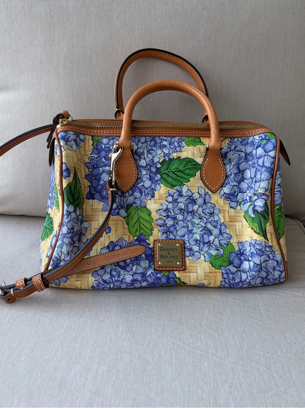 Dooney & Bourke Blue Hydrangea Print Satchel with Tan Leather Trim